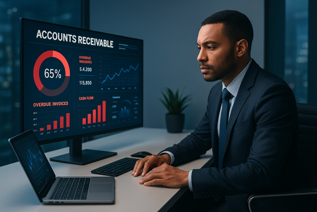 Business owner reviewing unpaid invoices to improve cash flow through accounts receivable outsourcing